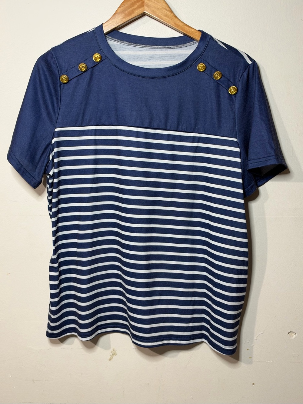 Navy & White Striped Short Sleeve Tee with Gold Accent Buttons
